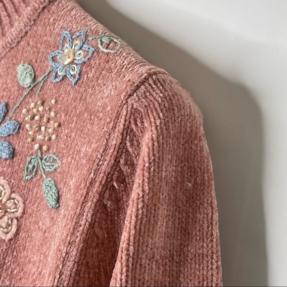 Vtg 90s Womens Chenille Sweater Size L Floral Embroidered Mock Neck GrannyCore - Picture 4 of 12